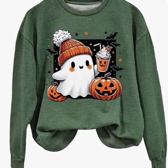 NWOT Cute Halloween Ghost Sweatshirt-Green Crewneck Fall Pullover w/Pumpkin/Bat - Picture 2 of 2